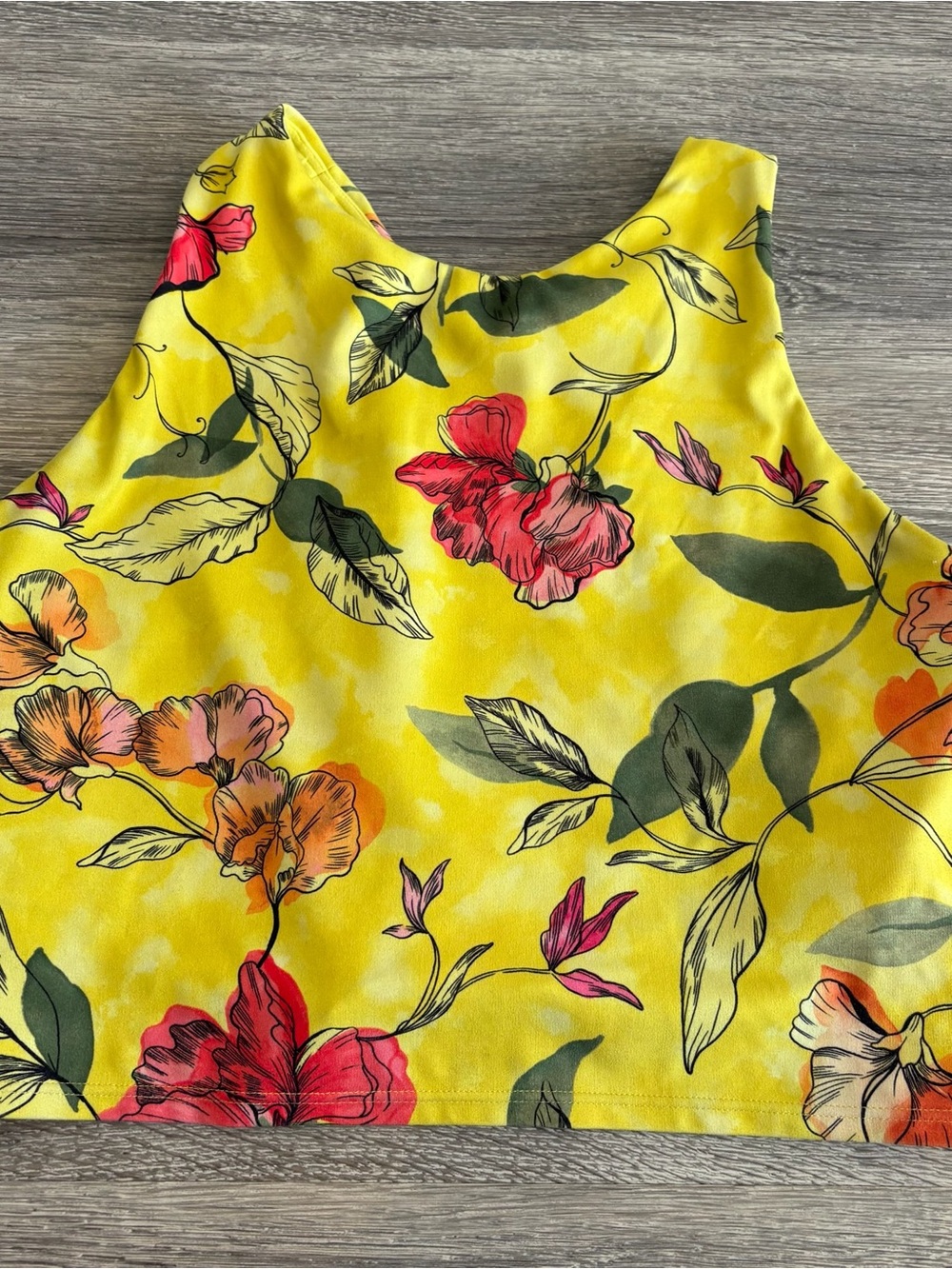Athleta Bright Yellow Floral Crop Tank with Pink & Orange Blooms